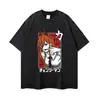 Camiseta vintage desgastada com estampa de anime, corte solto, tamanho grande, top de manga curta com estampa de anime hip-hop de rua