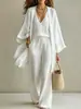 Conjunto Casual de Três Peças Europeu e Americano Transfronteiriço para Primavera, Outono e Verão: Cardigã Solto de Algodão e Linho de Comprimento Médio, Colete sem Mangas e Calça Longa