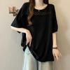 Camisa de Chiffon com Renda Vazada de Manga Curta Transfronteiriça para Mulheres Verão Tamanho Grande Estilo Solto que Cobre a Barriga Estilo Preguiçoso Top Camisa
