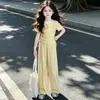 Conjunto de Verão para Meninas 2026 Novo Estilo Infantil de Verão Manga Curta Fino Fashionável Conjunto de Duas Peças com Calça de Pernas Largas
