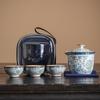 Taza Express Ru Kiln Azul y Flores Rama Envoltura Una Olla Tres Tazas Juego de Té de Viaje Traje Bolsa Portátil Cerámica Kung Fu al Aire Libre