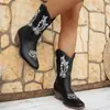 Botas de Caballero de Tacón Medio Bordadas Estilo Británico para Mujer Otoño 2026, Comercio Exterior Botas de Media Pantorrilla Retro de Tacón Grueso con Corte en V Tallas Grandes, Wish