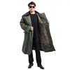 Abrigo de algodón color verde militar al por mayor para hombre, engrosado, largo, por encima de la rodilla, chaqueta de algodón cálida para invierno, a prueba de frío, adecuado para personal de seguridad y socorro en desastres