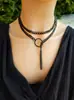Colar com Pingente de Cadeado em Forma de Coração Transfronteiriço, Gargantilha de Couro Preto da Moda Hip-Hop para Mulheres, Corrente Deslizante Lariat em Forma de Coração