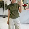 Camisa de Manga Corta con Cuello Alto de Botones Sencillos, Estilo Retro Ajustada, Nueva para Verano 2026, para Mujer, Top que Ceñe la Cintura, Moderno y Versátil