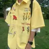Camisa Retro Americana de Color Waffle con Bordado Floral de Manga Corta para Hombres y Mujeres, Estilo Veraniego Suelto y Casual