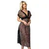 Vestido Longo Sexy Estilo Europeu e Americano com Decote em V Profundo Levemente Transparente Estampado de Leopardo, Vestido Sedutor de Malha Transparente com Fenda, Camisola Erótica com Tanga