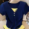 Camiseta Chic de Manga Corta Falsa de Dos Piezas Bloque de Color para Mujer, Nuevo Estilo Verano 2025, Corte Ajustado, Ceñida a la Cintura, Top Corto