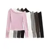 Ds25172-25 Inverno Estilo Coreano Slim Fit Liso Ombro Inclinado Curto Ombro a Mostra Slim Manga Longa Suéter Camiseta Top
