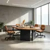 Mesa de conferencias de madera maciza de lujo, área de recepción, recepción de empresa, juego de mesa y sillas para varias personas, escritorio de negociación semicircular de madera maciza y sillas