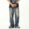 Jeans casuais masculinos de alta qualidade, estilo americano, com retalhos, lavagem desgastada, corte solto, reto, perna larga, para uso transfronteiriço