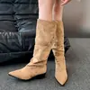 Encontro de Verão 2026 Nova Coleção Feminina Sapatos Primavera e Outono Bico Fino Ocidental Botas Chunky Europeias e Americanas Botas de Cano Alto Franzidas