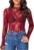 Blusa Transparente de Renda Feminina Manga Longa Gola Alta Camisa Transparente Top de Renda Floral