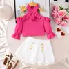 26 Roupas de verão novas estilo doce europeias e americanas para meninas, top ombro a ombro com manga sino e calça lanterna, roupas fofas para bebês da fábrica de origem