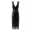 Fabricantes Mayoristas de Ropa para Mujer Transfronteriza Verano 2026 Moda Europea y Americana Casual Encaje Empalmado Vestido con Lentejuelas de Cuello en V Profundo