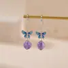 Pendientes de Cristal Natural Plateados Yilu Plata de Ley S925 Chapados en Oro Bola de Amatista Mariposa Esmaltada Gancho para la Oreja Listos en Stock