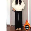 Calça Jeans Flare para Mulheres com Corpo Formato Pera Preto, Forrada com Lã para o Inverno, Engrossada, Modelagem Solta, Tamanho Grande, Calça de Perna Larga Emagrecedora
