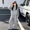 Conjunto de duas peças de moda coreana estilo college para primavera e outono, doce e chique, jaqueta com gola alta de bolinhas com cordão, calça casual de perna larga