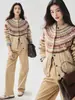 Cárdigan de Cachemira Tejido Jacquard Estilo Retro Amber Glow para Mujer, Abrigo Suéter de Hilo Retorcido Holgado