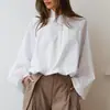 Estilo Novo Outono/Inverno Temperamento Elegante Camisa com Lapela Solta Casual Camisa de Algodão Puro Moda Versátil Blusa de Manga Lanterna Feminina