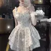 Falda de Flores Blanca y Verde Frances Primavera y Verano Nuevo Estilo Dulce Ins Súper Hada Deseo Puro Sexy Falda con Tirantes Vestido