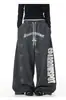 Calça Casual Retro Americana Desgastada com Estampa de Letra Silhueta Cordão para Mulheres Tendência Solta Perna Larga Calça Cimitarra Calça Comprida