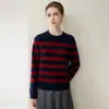 Suéter de cashmere 100% espesso de dupla camada para mulheres, outono e inverno, gola redonda, blocos de cor listrados, caimento solto, suéter de malha para usar como base