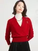 Suéter 100% Lã, Tricô Elegante com Decote V Acinturado para Mulheres, Blusa de Base Fashion e Casual com Pedraria Quente Cor Lisa para Mulheres