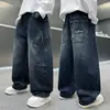 Calças Jeans Largas e Soltas para Meninos de Meia-Idade e Mais Velhos, Nova Coleção Primavera/Outono Marca Tendência Calças Longas Casuais, Modernas e Versáteis, Cor Escura, Outono