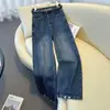 Calça Jeans Feminina Retrô Americana com Acabamento Escovado, Novo Estilo Outono e Inverno 2025, Perna Reta Solta, Para Corpo em Formato de Pera, Calça Wide-Leg Comprida