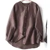 Camisa Cómoda de Lino y Seda Estilo Old Money con Acabado Brillante, Top Holgado de Manga Larga con Cuello Redondo Estilo Chino Nuevo para Mujer