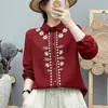 Camisa de algodão com gaze de dupla camada bordada de manga longa para mulheres, estilo étnico artístico vintage, corte solto, que valoriza a silhueta, top de algodão puro