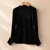 Elegante moda gola redonda manga longa tricotado 100% lã pura modelo 2026 feminino macio justo gola alta blusa base