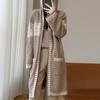 Cárdigan de Punto Grueso 100% Lana con Capucha Larga, Bloques de Color Jacquard, Ropa de Abrigo para Mujer, Otoño e Invierno, Nuevo Estilo Holgado