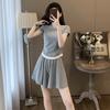 Traje Deportivo Casual de Moda Calle-reductor Elegante Camiseta de Manga Corta Pequeña Shorts de Cintura Alta de Pierna Ancha Falda Final para Mujer
