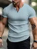 Camiseta Masculina Casual Esportiva Slim de Manga Curta Europeia e Americana Comércio Exterior Transfronteiriço Malha Cor Sólida Camisa Henley Botão Americano