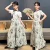 Conjunto de Saia-Calça para Menina Verão 2025 Novo Estilo Nacional Infantil Novo Estilo Chinês Manga Curta Crianças Grandes Finos Calças de Pernas Largas Roupa de Verão