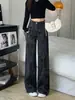 Jeans anchos estampados en negro y gris para mujer, nuevo estilo 2026, de cintura alta, corte holgado, adelgazantes, de pierna recta A13988-1