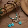 Colar de cordão encerado com contas de trevo de cinco folhas, tendência europeia e americana, best-seller, único, corrente para suéter, conjunto de brincos e colar da moda