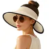 Chapéu de Sol de Verão Feminino com Aba Larga, Chapéu de Palha Trançada para Praia com Abertura para Rabo de Cavalo, Chapéu de Sol para Viagem, Chapéu com Topo Aberto, Transfronteiriço