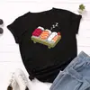 Camiseta de Manga Corta Redonda Suelta con Estampado de Sushi de Dibujos Animados Europeos y Americanos Durmiendo para Mujer