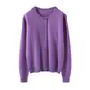Cardigã de Cashmere Feminino Gola Redonda Botão de Concha de Fileira Única Tricô Jaqueta Cor Sólida Simples Clássico Versátil Top Roxo