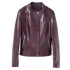 Jaqueta de Couro Borgonha com Gola Alta de Pele de Ovelha para Mulheres, Curta Slim Fit Simples de Botão Único Jaqueta Biker, Casaco de Couro Genuíno Feminino