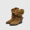 Botas Western de Cowboy Femininas, Botas de Montaria Vintage de Cano Médio, Botas de Cano Curto com Franzidos e Bico Fino, Salto Grosso que Aumenta a Altura, Estilo Retro Artístico