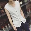 Colete de Algodão e Linho Estilo Chinês Retrô de Verão com Fivela Masculino Roupa Tang Hanfu Blusa de Moletom Camiseta Casual Sem Mangas para Jovens