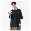 Camisa polo de retazos a rayas con solapa, diseño único de dos piezas falsas para hombre, de manga corta, de verano, moderna, corte holgado
