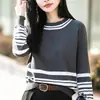 Suéter de tricô listrado de algodão puro para exportação transfronteiriça para mulheres, gola redonda, design color-block, estilo casual, adequado para o trabalho e uso diário, peça básica de manga comprida