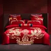 Juego de ropa de cama de boda de alta gama con dragón y fénix en color rojo brillante, juego de cuatro piezas, ropa de cama de boda para el novio, colcha de novia para la novia