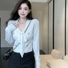 Camiseta de Manga Larga con Cordones, Cuello en V, Ajustada, Adelgazante, Estilo Francés, Nuevo Estilo Otoño Temprano, Encaje, Pura Deseo, Sexy, Chica Picante, Top