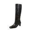 Botas Largas de Oficina 2025 Otoño/Invierno Nuevas Botas Arrugadas de Tacón Medio Grueso sin Cierre Botas de Montar de Cuero de Vaca Completas para Mujer
